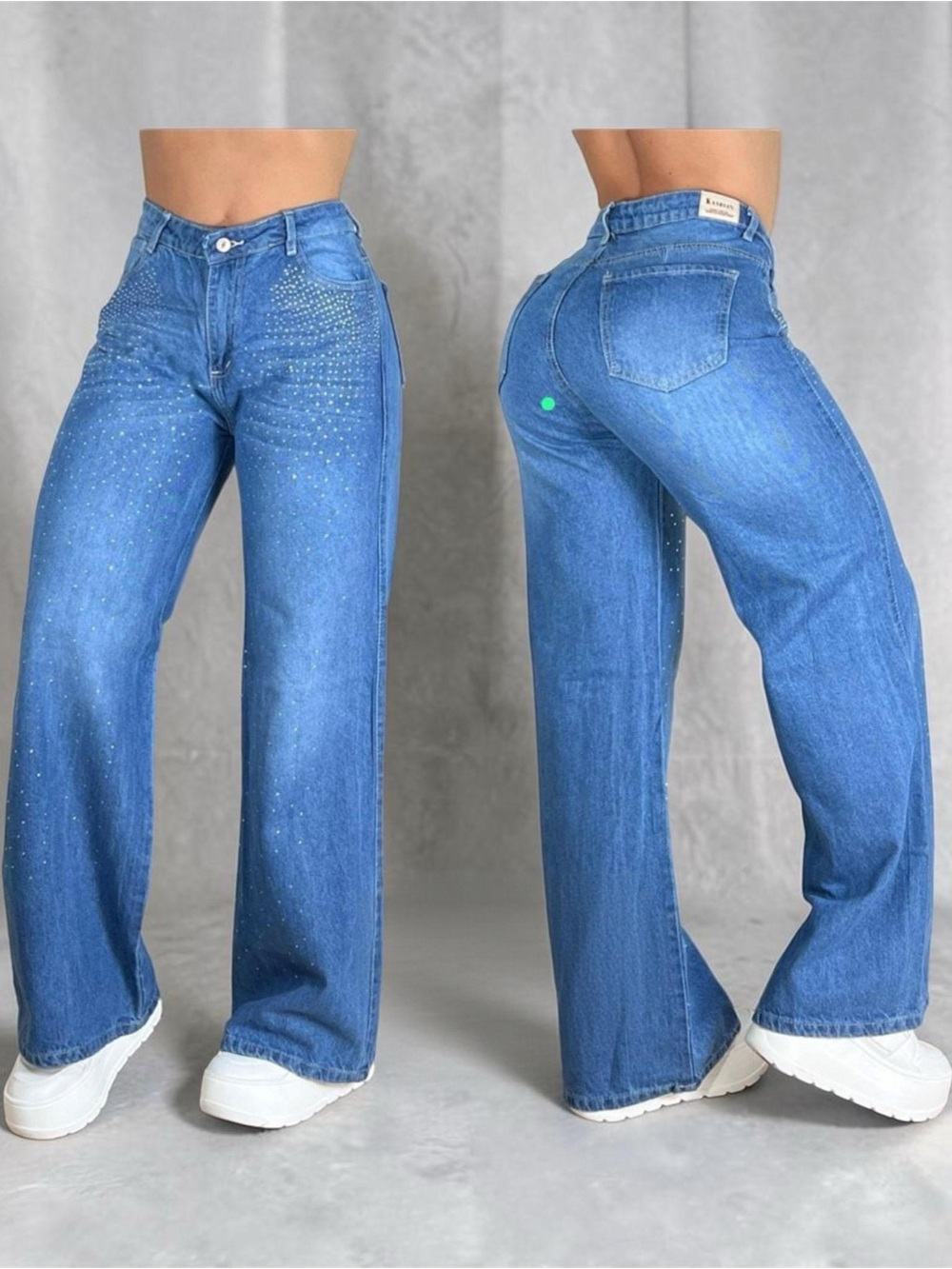 High-Rise Wide Leg Blue Jeans with Subtle Embellishment